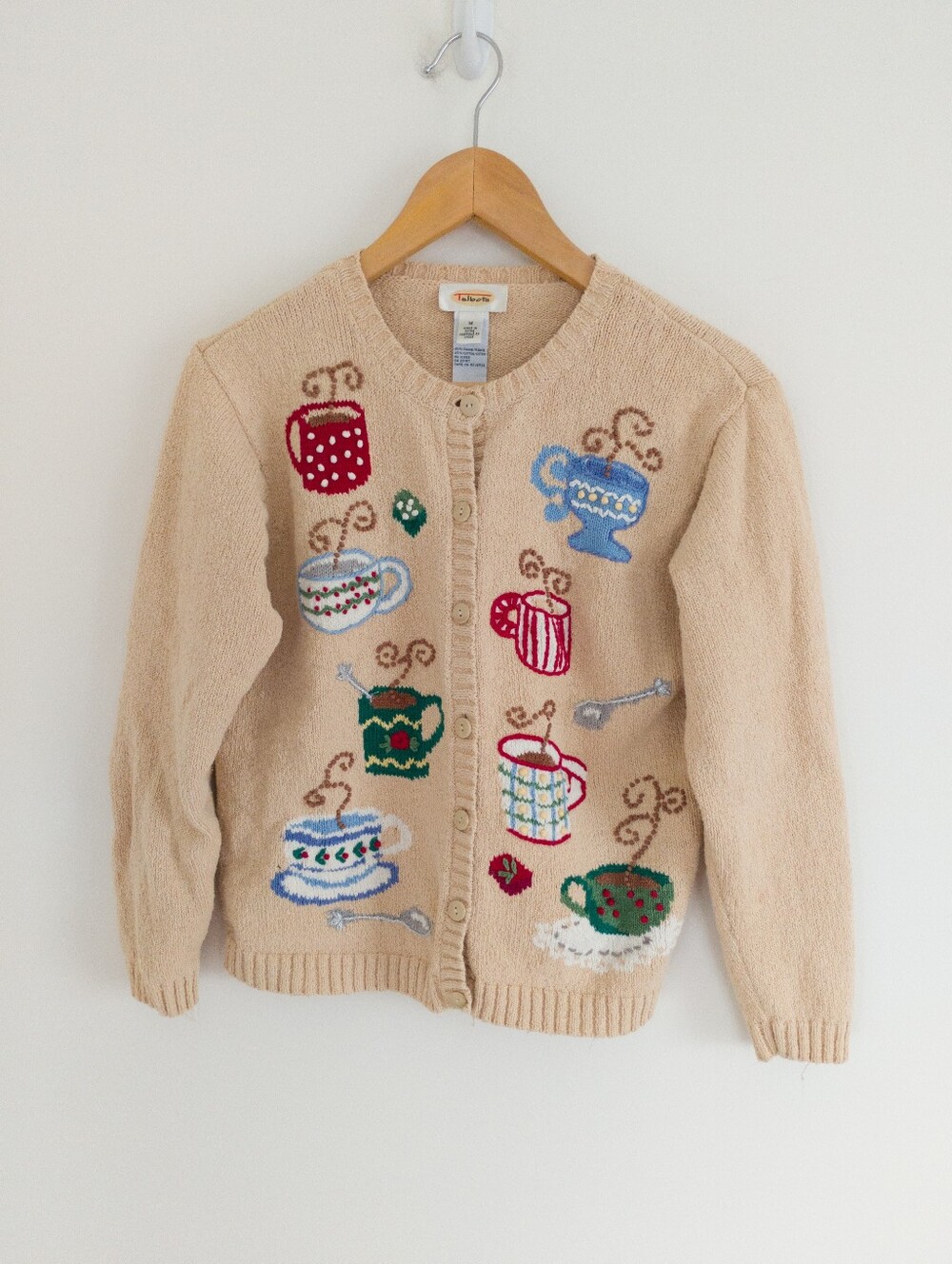 Talbots Vintage Coffee Tea Mugs Cardigan Sweater Medium Beige Cotton Blend Knit